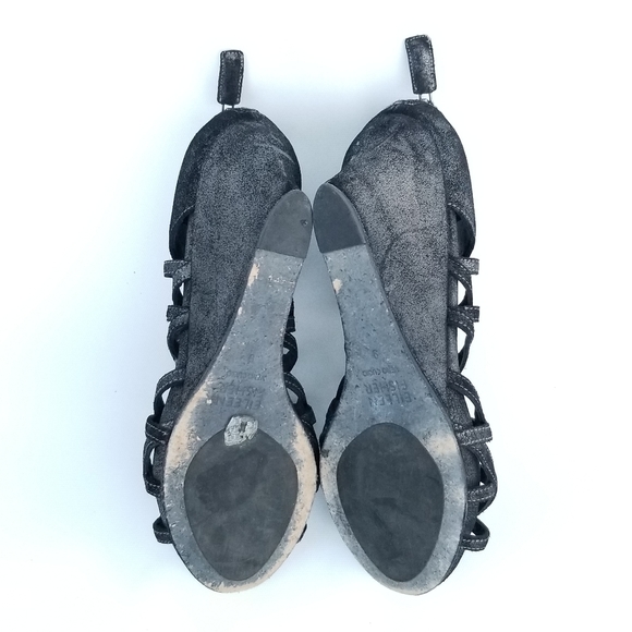 Eileen Fisher Cage Strappy Leather Wedge Sandal Metallic Grey Black Sz 9 - Picture 10 of 13